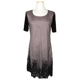 Alexander Mcqueen Beige-schwarzes Netzspitzenkleid mit Samtbesatz