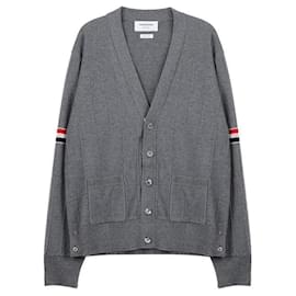 Herren-Cardigan aus Wolle mit entspanntem V-Ausschnitt und Arm-Band - Thom Browne