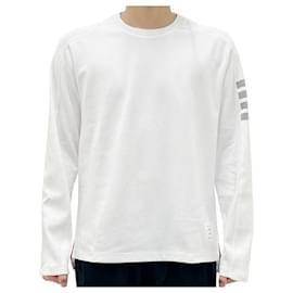 Weißes Langarm-T-Shirt mit seitlichem Schlitz und diagonaler Musterung - Thom Browne