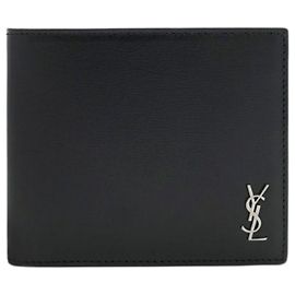 Saint Laurent Petit portefeuille noir en métal argenté avec monogramme :