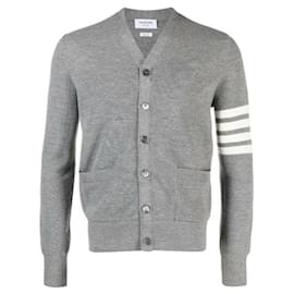 Stripe Feiner Merino Waffel Hoch V-Ausschnitt Cardigan - Thom Browne