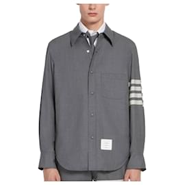 Stripe Plain Woven Wool Snap Button Shirt Jacket - Thom Browne