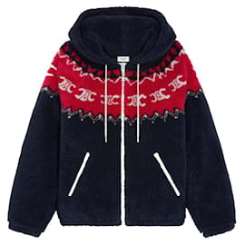 Giacca con cappuccio in pile Fair Isle Triomphe Blu Navy Rosso - Céline