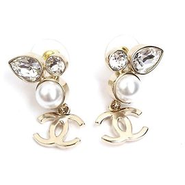 Chanel Pendientes de perla cristal dorado champán chapados en oro