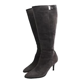 Hermès Lange Stiefel aus grauem Filz-Suede