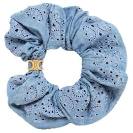 Scrunchie ricamato finitura in ottone dorato cotone azzurro chiaro - Céline