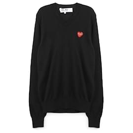 Schwarzer V-Ausschnitt-Pullover mit roten Strassherzen - Comme Des Garcons