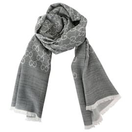 Sciarpa bicolore in lana e seta GG jacquard grigio chiaro - Gucci