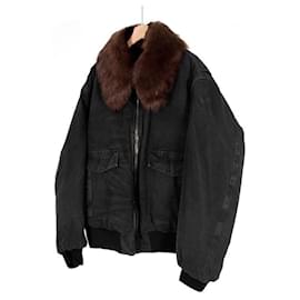 Prada Giacca bomber in denim shearling per uomo, blu, con colletto nero