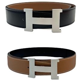 Hermès Cinturón con logo de doble cara Hebilla plateada mate Oro Negro