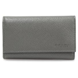 Étui à clés en cuir Saffiano gris plaqué argent - Prada