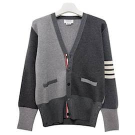 Cárdigan de lana mixta con rayas diagonales en gris tonal - Thom Browne