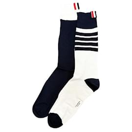 Thom Browne Calze Classiche Sottile a Mezza Polpaccio Blu Navy Bianco