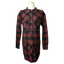 Vestido Camisa de Mezcla de Lana a Cuadros Rojos - Isabel Marant