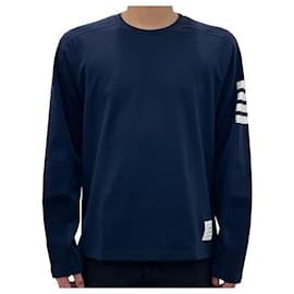 Langarm-T-Shirt mit seitlichem Schlitz und diagonaler Arm-Band in Marineblau - Thom Browne