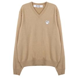 Weißer V-Ausschnitt Strickpullover mit Herz - Comme Des Garcons
