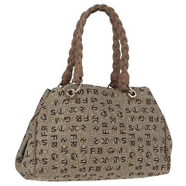 Borsa Tote Salvatore Ferragamo in tela beige oro Auth BA10067