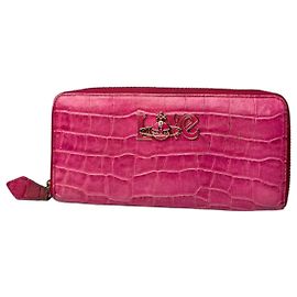 Carteira de couro vintage Vivienne Westwood com zíper em couro estampado de crocodilo rosa