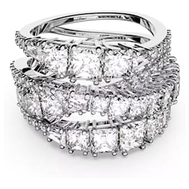 Swarovski Hyperbola Ring | Weiß rhodiniert | Prinzessin- und Rundschliff-Kristalle | Elegantes Spiraldesign Größe 57