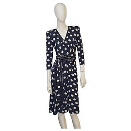 Donna Karan Polka Dot Wickelkleid in Marineblau und Weiß, midi mit Gürtel, Größe L, neu mit Etikett