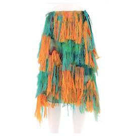 Falda midi con flecos naranja y turquesa Dries Van Noten