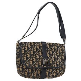 Borsa a Spalla in Tela Trotter Christian Dior Blu Navy Oro Auth 172525