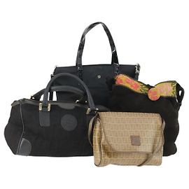 FENDI Zucchino Zucca Tasche aus Nylon, Leder, PVC und Canvas 2 Set Schwarz Braun Auth fm5169