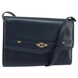 Borsa a Spalla in Pelle GUCCI Blu Navy Oro 406 004 2008 Auth am10743