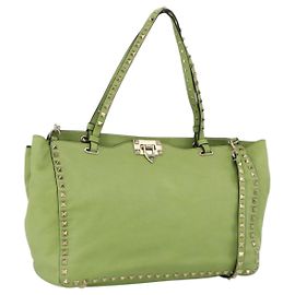 VALENTINO Borsa Tote Rock Studs Pelle Oro Verde Chiaro Auth BA11057