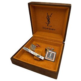 Conjunto de gemelos y pinza para corbata vintage Yves Saint Laurent en plata