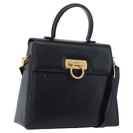 Borsa a mano in pelle Gancini Salvatore Ferragamo 2 in 1 Blu Navy Oro Auth LNZ105