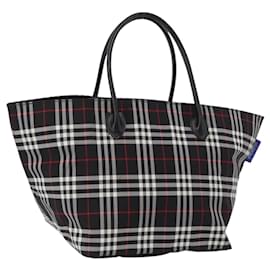 Bolsa de mão Burberrys Nova Check Blue Label em nylon preto e prata Auth fm5217
