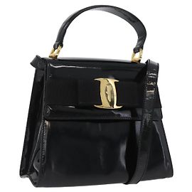 Borsa Vala Salvatore Ferragamo in pelle verniciata 2 in 1 Nero Oro Auth 172895