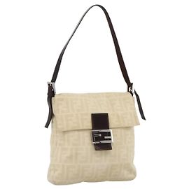 Bolsa de ombro Mamma Baguette em lona Zucca FENDI bege prata autêntica 173212