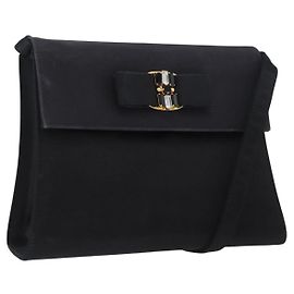 Borsa a Spalla Salvatore Ferragamo Vala Raso Nero Oro Auth BA11117