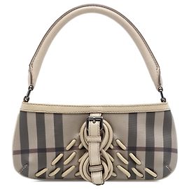 Borsa a spalla in tela rivestita a quadri fumo beige di Burberry