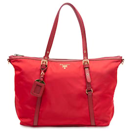 Borsa a tracolla in tessuto con rifiniture Saffiano rosse di Prada