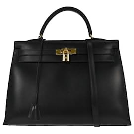 Borsa Kelly Hermès in pelle box nera con hardware dorato 35