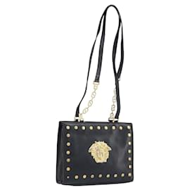 Bolsa de Ombro Gianni Versace em Couro Preto e Dourado Auth BA10801