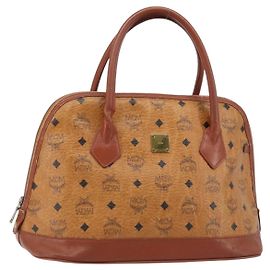 MCM Vicetos Logogram Borsa a Mano PVC Pelle Marrone Oro Auth gh1798