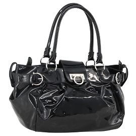 Borsa a mano Gancini in pelle verniciata nera e argento Auth BA11053 di Salvatore Ferragamo