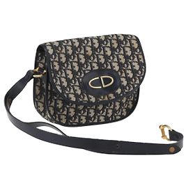 Bolsa de Ombro em Lona Trotter Christian Dior Azul Marinho Dourado Auth fm5214