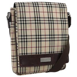 Burberry Bolso de Hombro Nova Check de Lona Beige Plata Auth fm5222