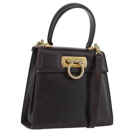 Bolso de mano de cuero Gancini Salvatore Ferragamo 2 en 1 Marrón Oscuro Oro Auth LNZ456