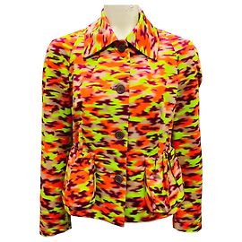 Veste en coton à boutons devant imprimée multicolore vert lime / bordeaux / orange de Dries Van Noten