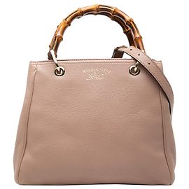 Borsa shopper piccola in pelle di vitello marrone Gucci con bambù