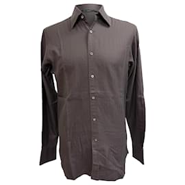 Camisa de botão em algodão marrom com padrão de espinha de peixe Gucci