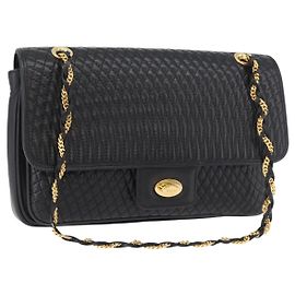 BALLY Borsa a Spalla in Pelle Trapuntata con Catena Nero Oro Auth 160783