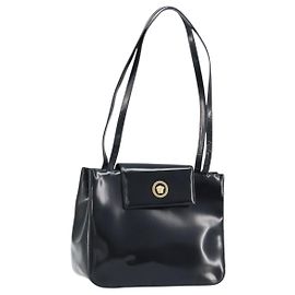 Borsa Tote Gianni Versace in pelle verniciata nera e oro Auth BA10900