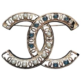 Chanel CC Brosche Champagnergold mit Türkis Perlen